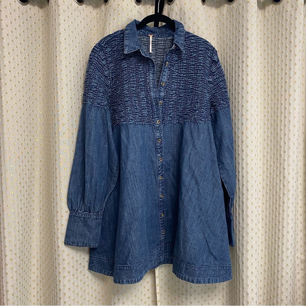 Free People Denim Find Me Now Mini Dress Button
Up Textured Celestial Blue